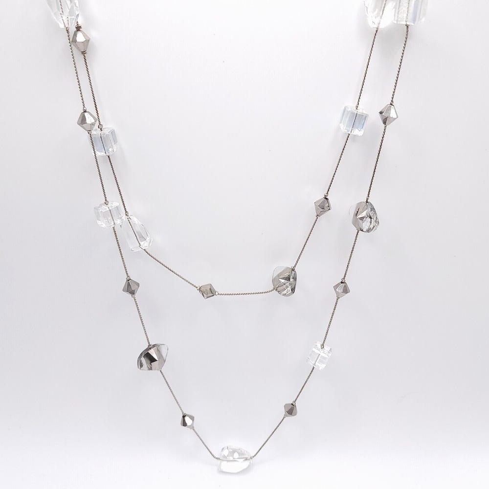 Premier Designs Silver Crystal Bead Necklace Long 48in
